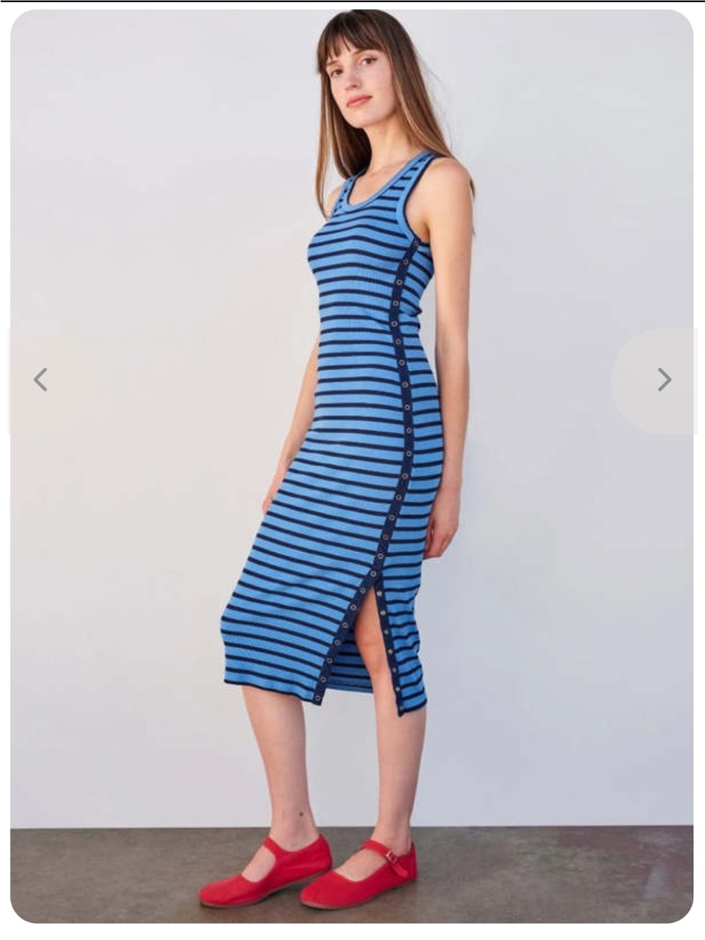 Sundry Maxi Dress. Blue azure stripes. Rubbed fabric. Snaps up the side.